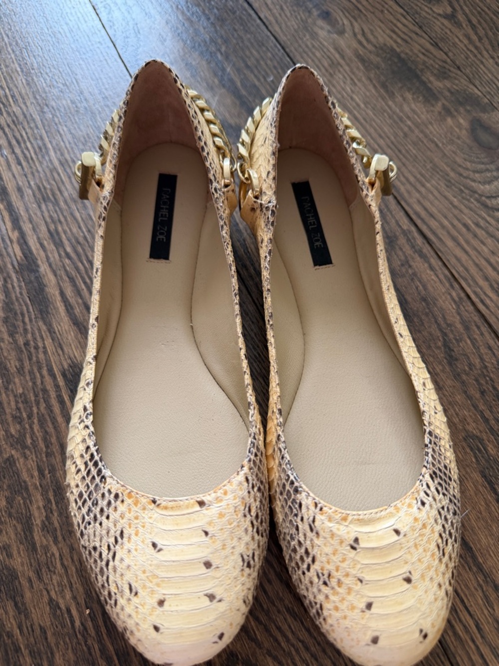 Rachel Zoe Tan Snakeskin Ballet Flats with Gold Chain Accent